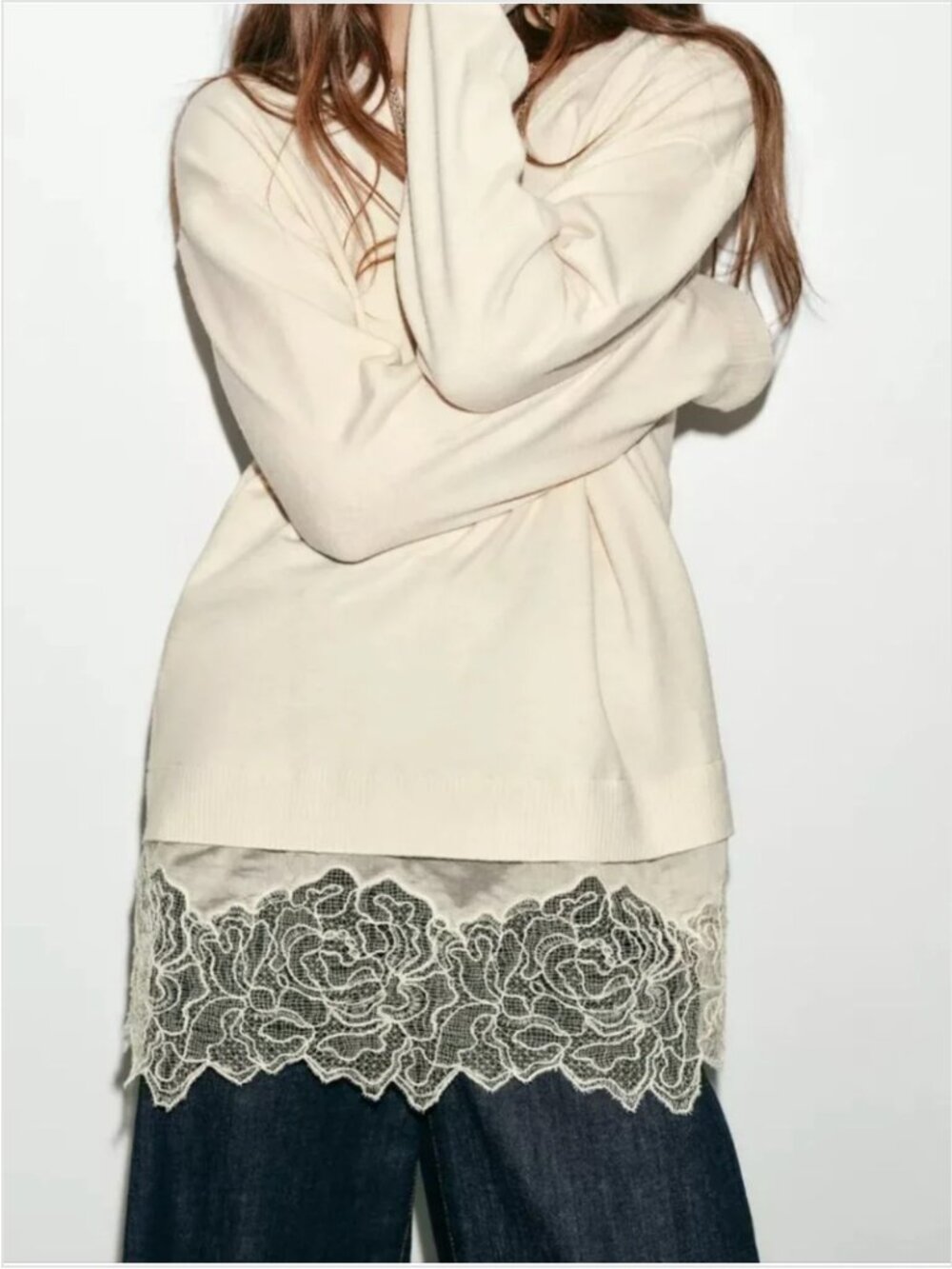 ZARA LONG LACE COMBINATION KNIT JUMPER NWT